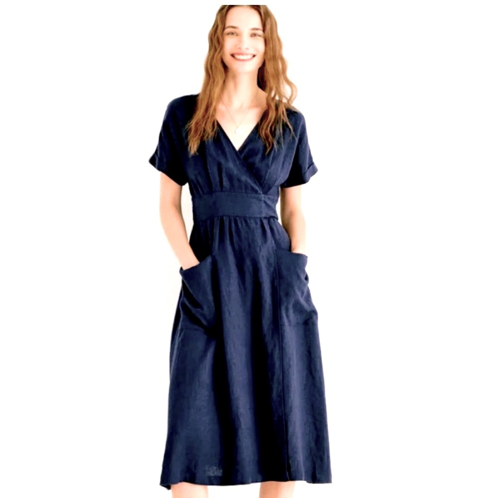 NWT Grae Cove size Large 10/12 women’s linen wrap around dress in gorgeous blue